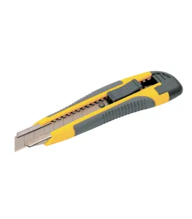 Nóż z ostrzem łamanym MASTERTOOL 18 mm, metalowe prowadnice, ścisk przyciskowy, powłoka TPR, 3 ostrza 17-0119