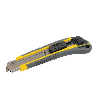 Nóż z odłamywanym ostrzem MASTERTOOL AUTO 18 mm, metalowe prowadnice, zacisk przyciskowy, powłoka TPR, 3 ostrza 17-0183