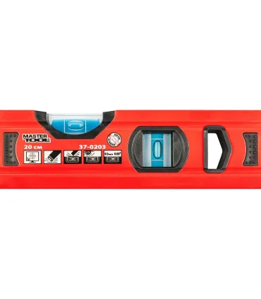 Poziomica aluminiowa budowlana MASTERTOOL PROFI 20 cm 2 libelki 0,5 mm/m 0,03° wnęka do montażu na rurach 37-0203