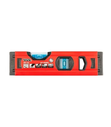 Poziomica aluminiowa budowlana MASTERTOOL PROFI 20 cm 2 libelki 0,5 mm/m 0,03° wnęka do montażu na rurach 37-0203