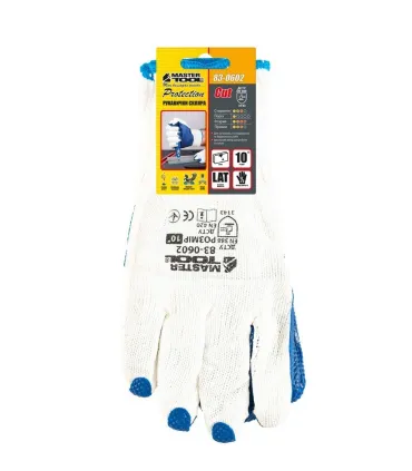 Rękawice robocze MASTERTOOL 83-0604 z bezszwowej bawełny z naturalną powłoką lateksową, ochroną stawów żółta/niebieska 10,5"